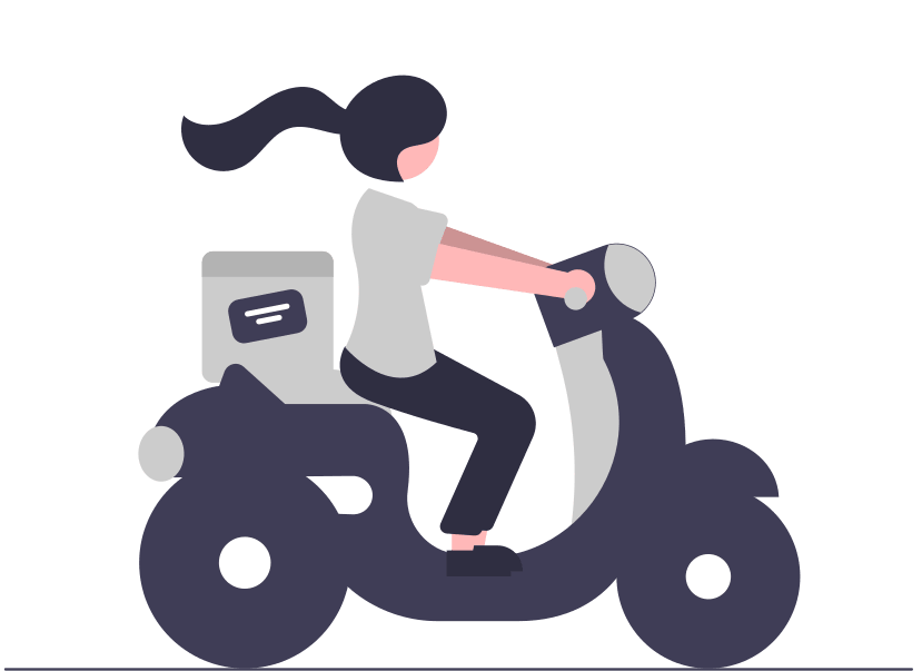 An image of a woman riding a scooter with a parcel on the back